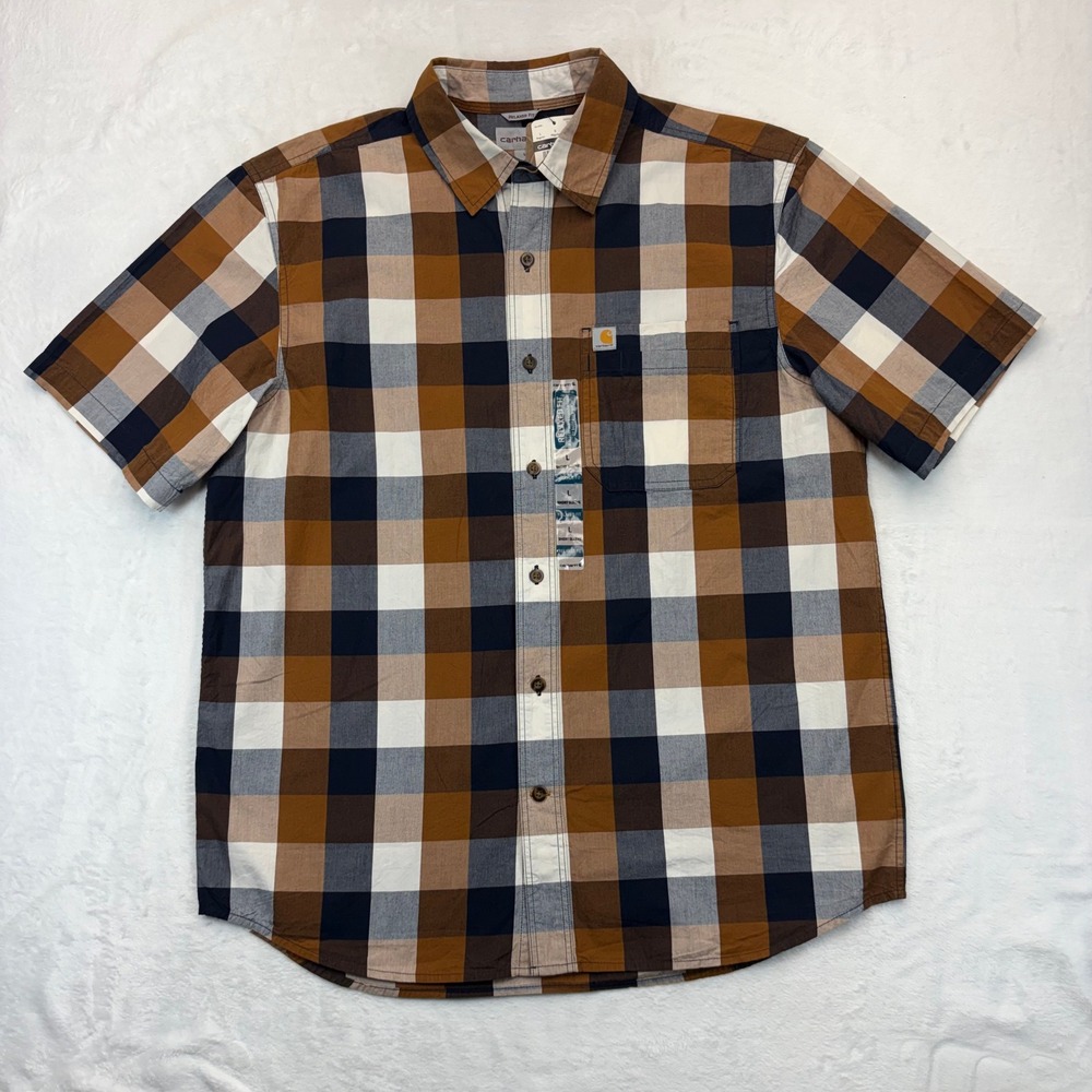 Carhartt Mens Relaxed Fit Plaid Short Sleeve Button Down Shirt Brown Navy 103551